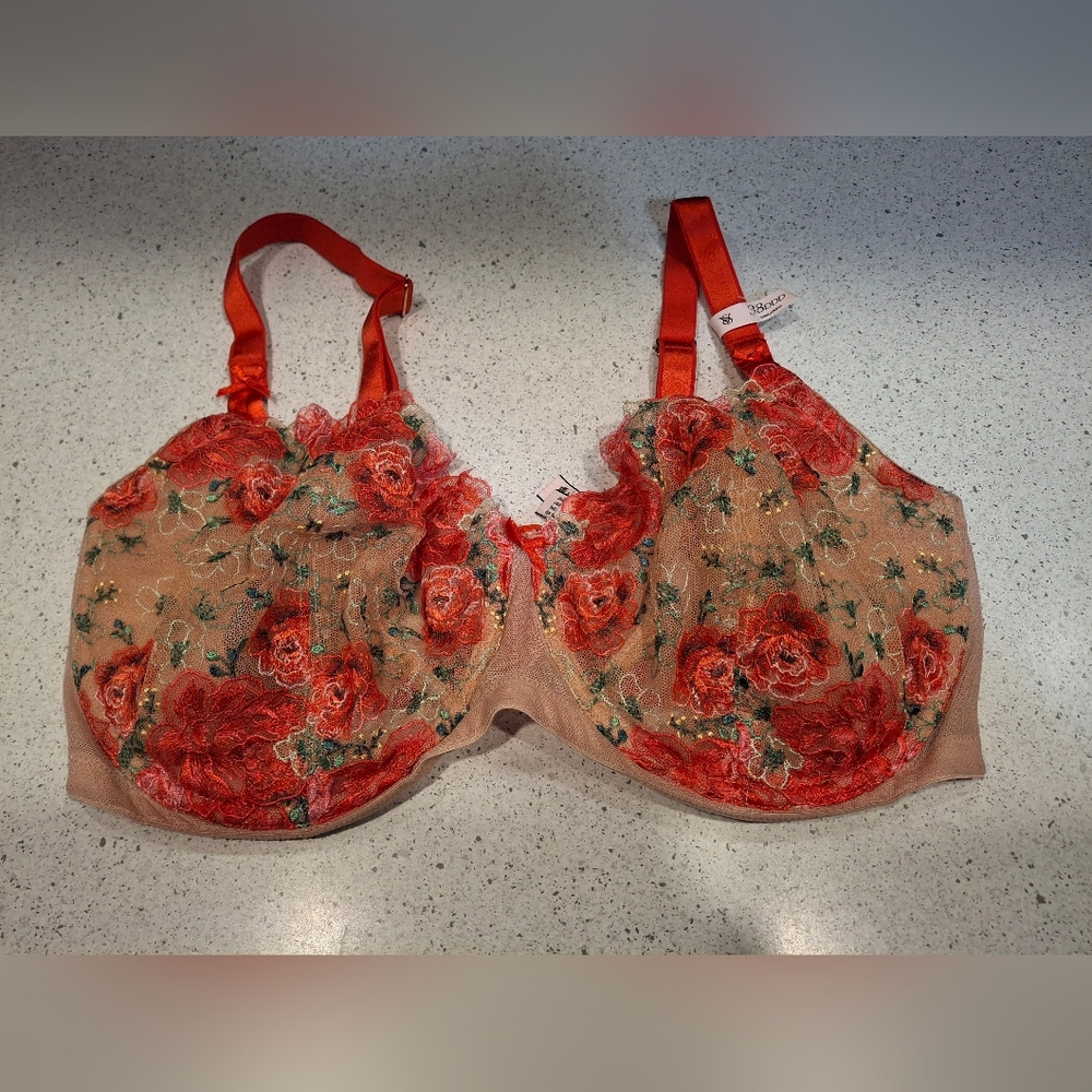 Victoria's Secret Red and Green Floral Lace Bra